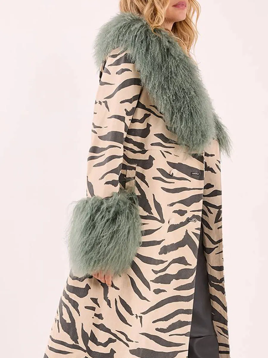 Women's Zebra-Print Green Faux Fur Collar Waist-Tie Long Coat
