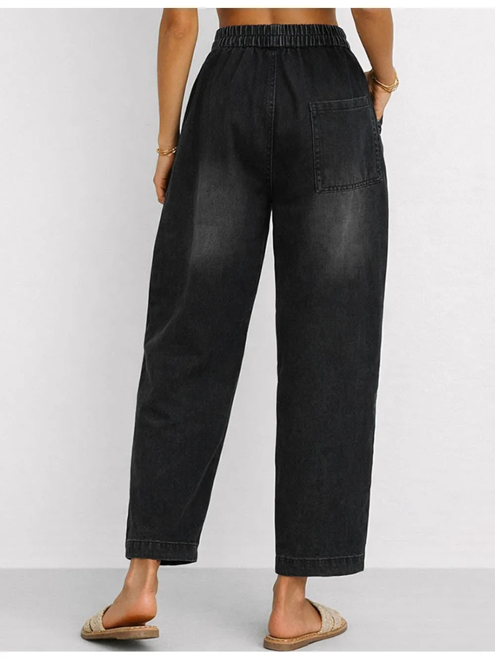 Letter Elastic Waist Distressed Barrel Leg Denim Pants