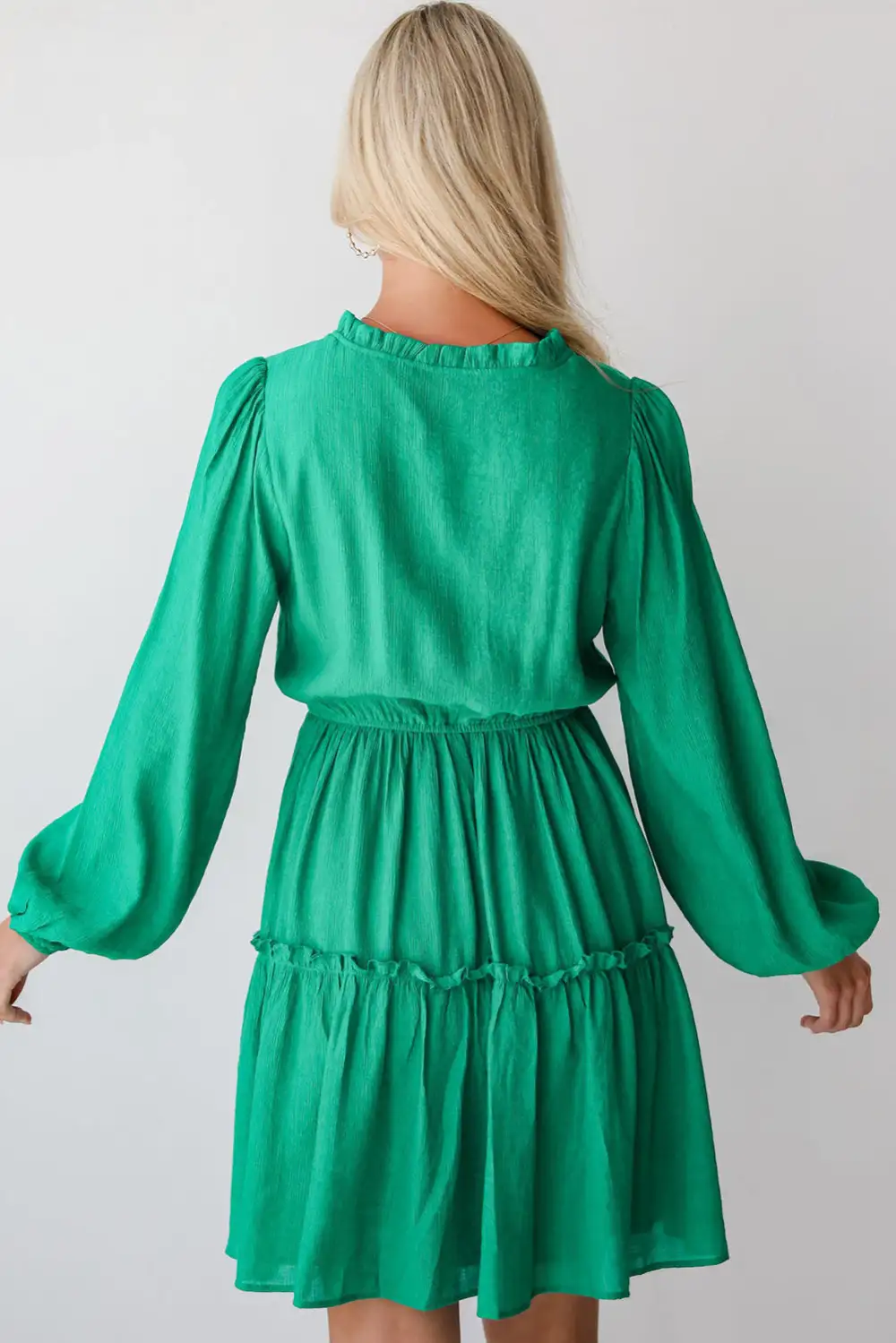 Drawstring V-Neck Puff Sleeve Mini Dress