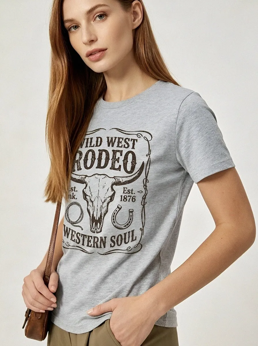 Women's Wild West Rodeo Cow Skull Printed T-shirt