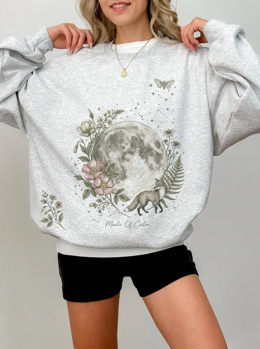Women's Celestial Nature Lover Moon Fox Floral Printed Sweatshirt