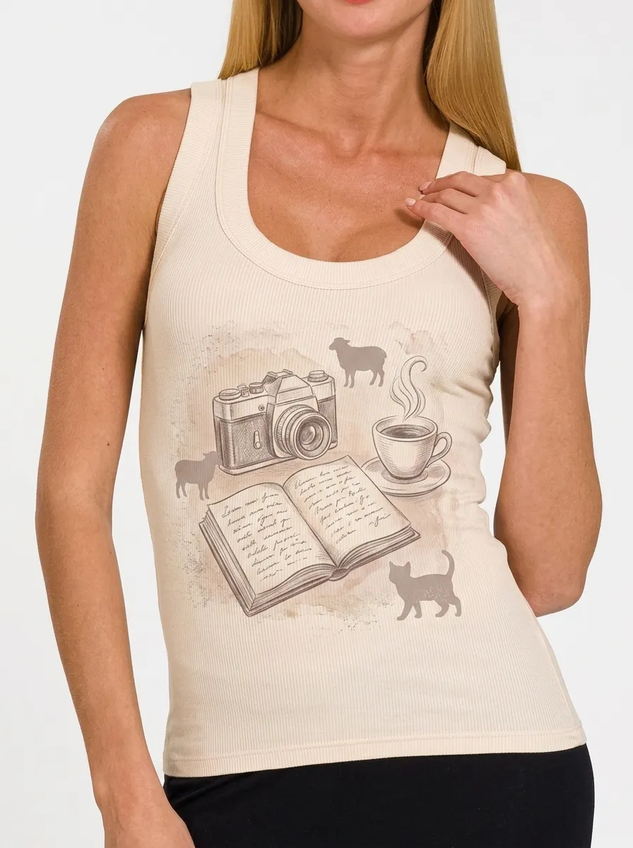 Women's Photography Book Coffee Cat Printed Tank Top