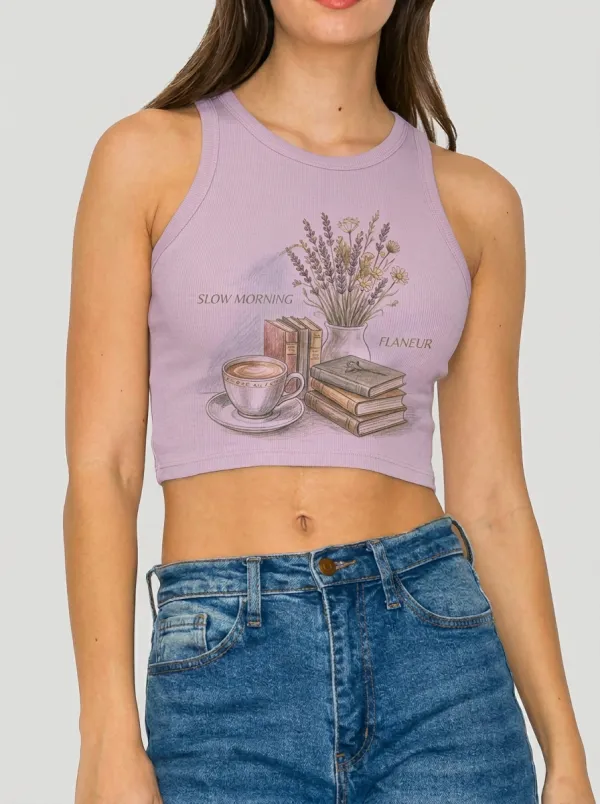 Women's Book Coffee Lover Lavender Printed Crop Top