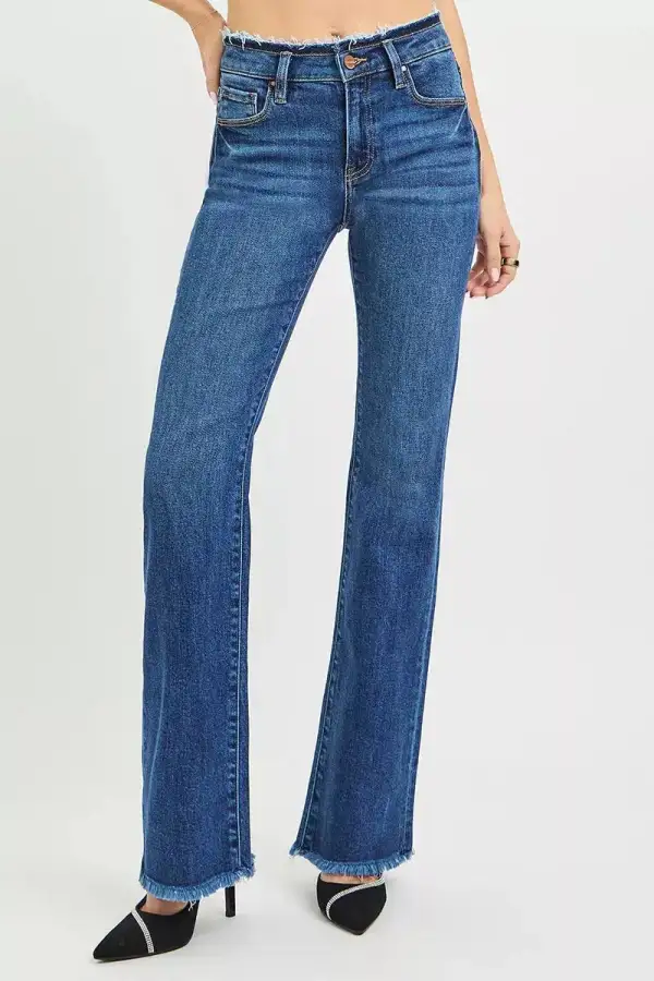 Mid Rise Bootcut Raw Hem Denim Jeans