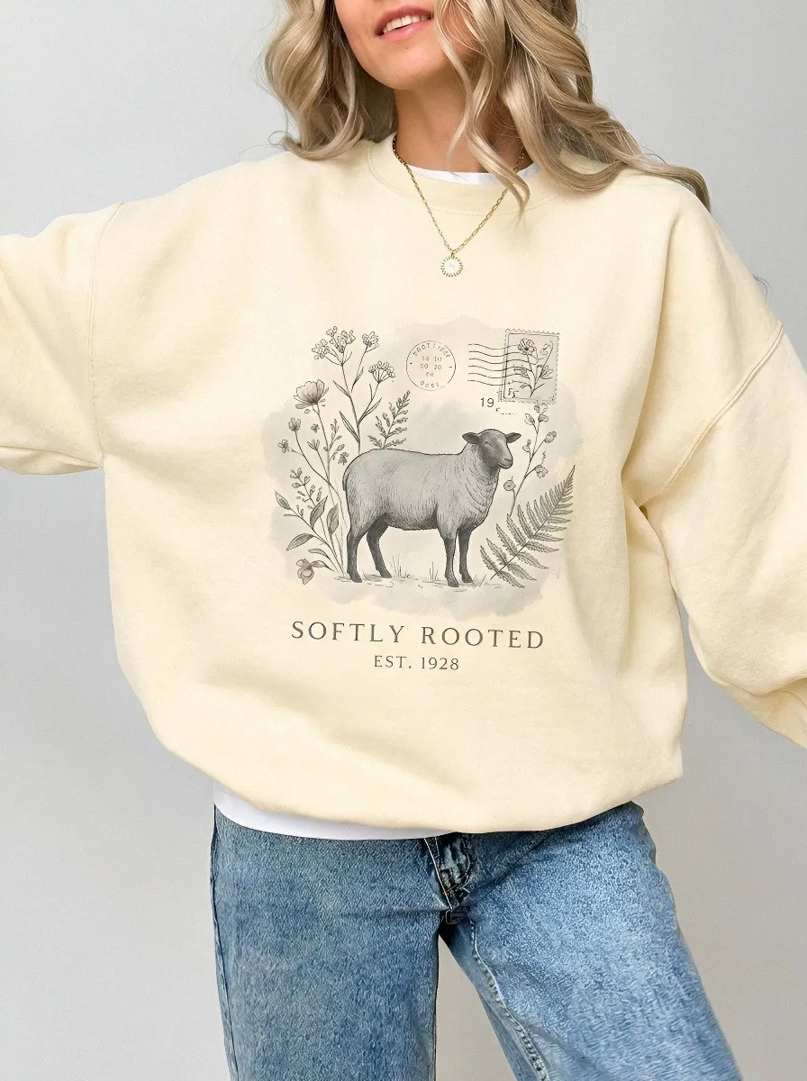 Women's Farmhouse Sheep Floral Stamp Printed Sweatshirt
