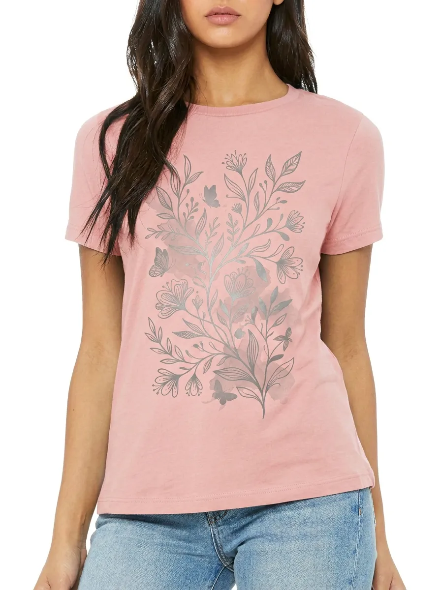 Women's Botanical Nature Lover Butterfly Floral Printed T-shirt