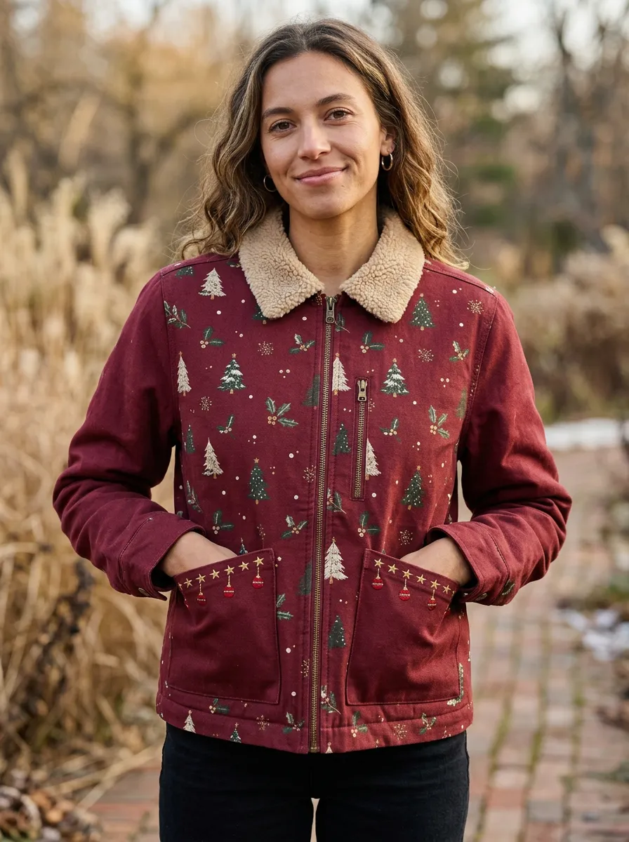 Christmas Tree Holly Print Sherpa Collar Jacket