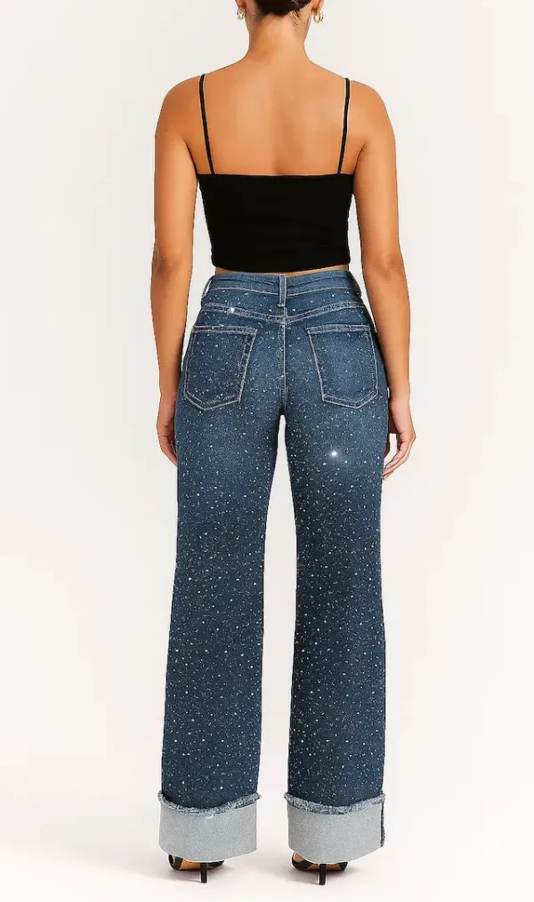 Low Rise Rhinestone Detail Wide Leg Cuffed Vintage Style Denim Jeans