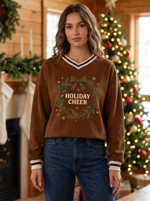 Christmas Holiday Cheer Plaid Bow Wreath Print Sweatshirt
