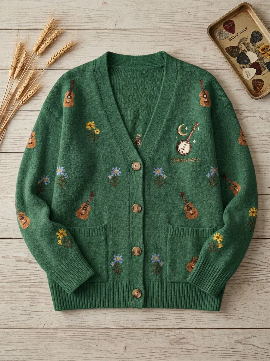 Guitar Banjo Floral Women's Country Music Knit Cardigan