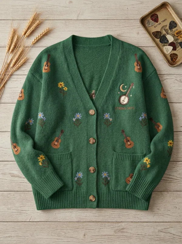 Guitar Banjo Floral Women's Country Music Knit Cardigan