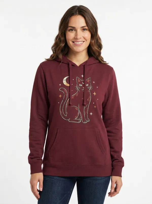 Women's Halloween Cat Moon Stars Printed Hoodie