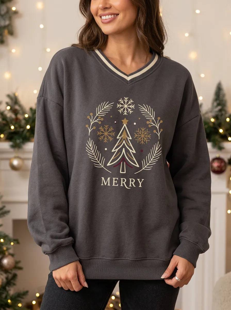 Christmas Merry Tree Snowflake Wreath Print Sweatshirt