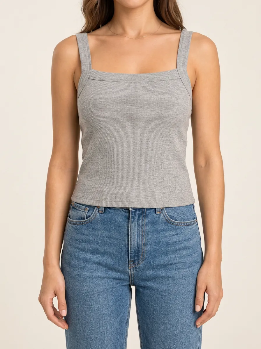 Women's Square Neck Wide Strap Ribbed Heathered Camisole Top