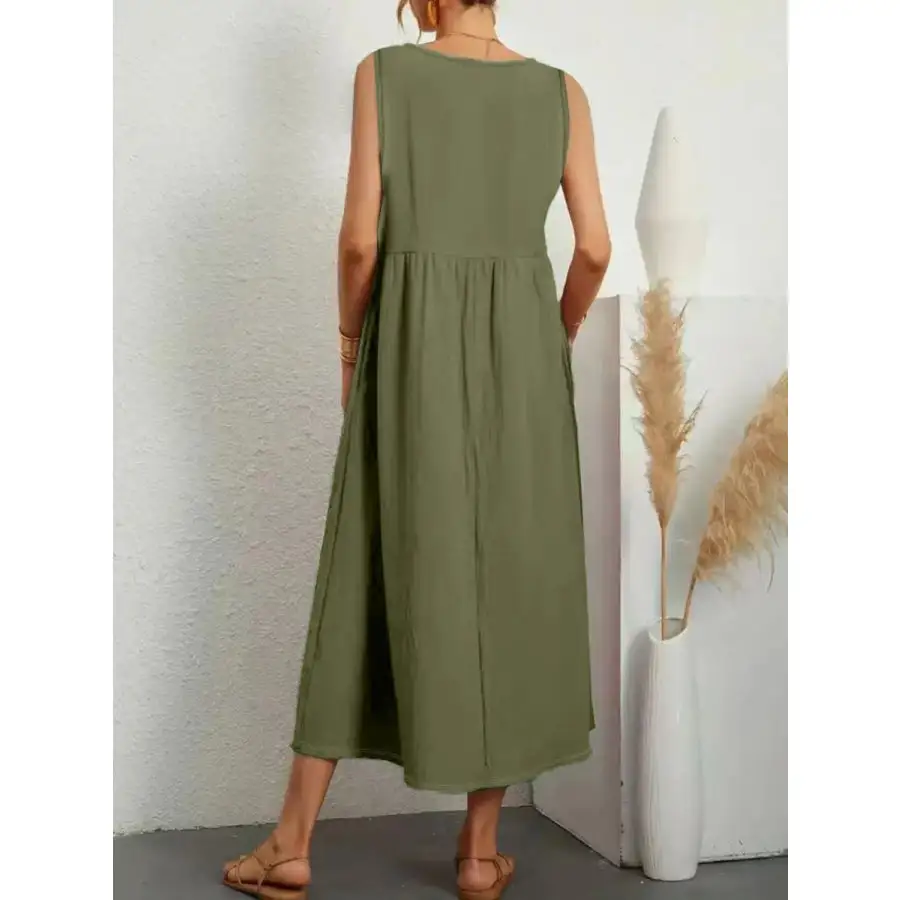 Full Size Pocketed V-Neck Sleeveless Midi Dress Plus Size