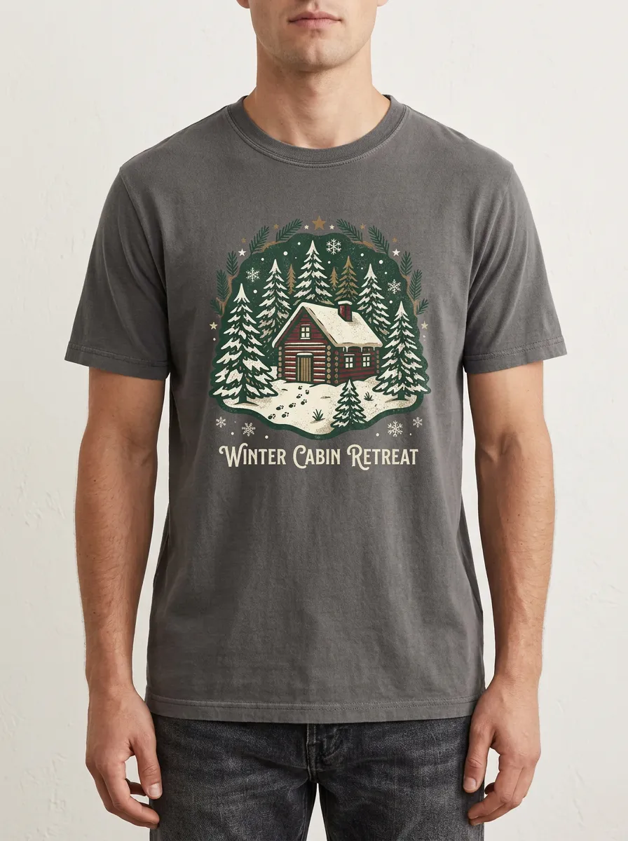 Men's Christmas Winter Cabin Retreat Snowy Forest Printed T-Shirt
