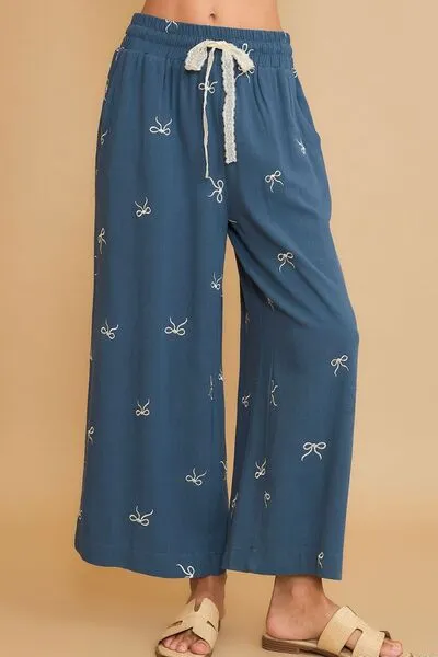 Relaxed Full Size Lace Drawstring Embroidered Bow Wide Leg Pants