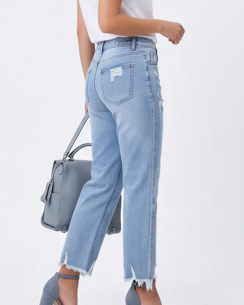 Distressed Cropped Raw-Hem Straight Jeans
