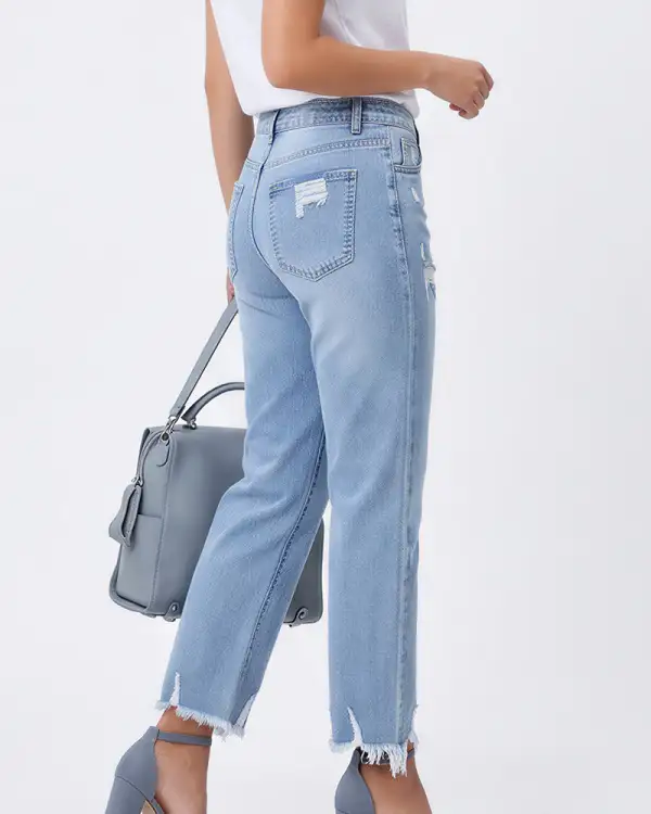 Distressed Cropped Raw-Hem Straight Jeans