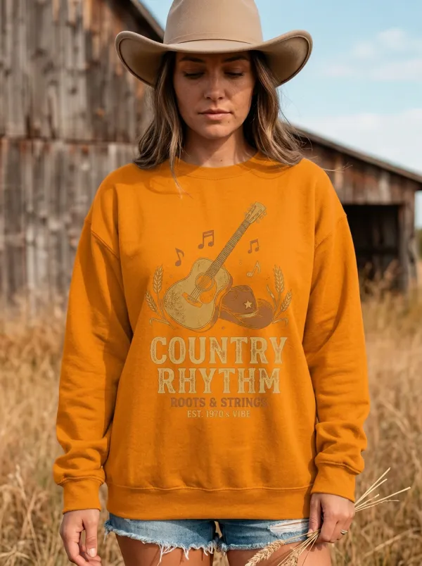 Guitar Cowboy-Hat Country Music Crewneck Sweatshirt