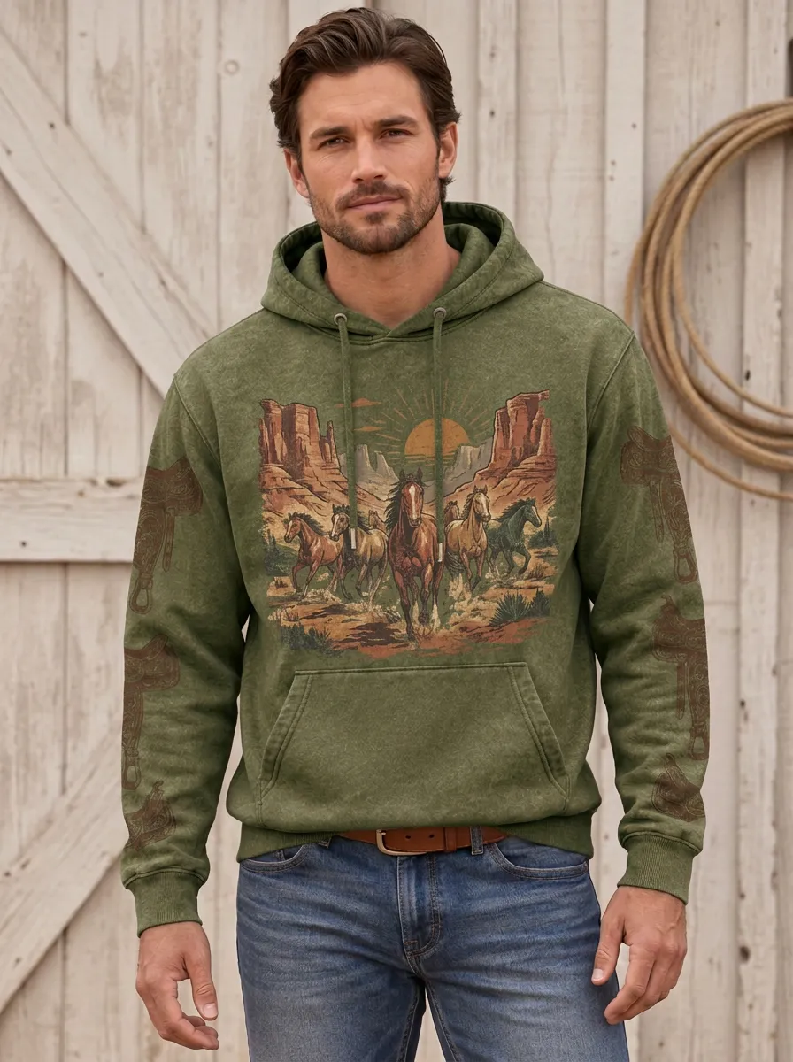 Men's Western Cowboy Horse Saddle Desert Graphic Hoodie