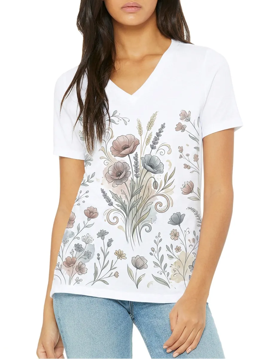 Women's Floral Lover Watercolor Poppy Printed V-neck T-shirt