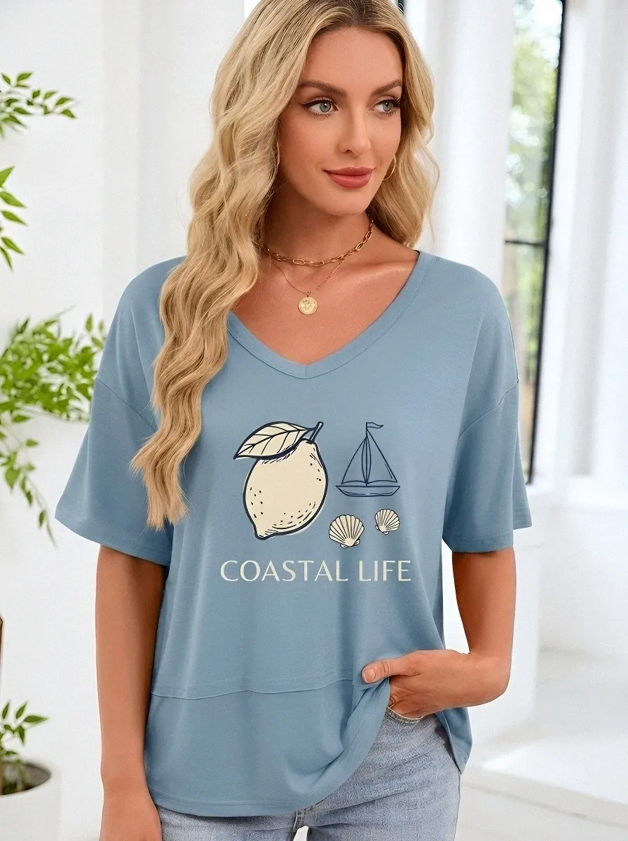 Women's Coastal Life Lemon Sailboat Seashell Printed T-shirt