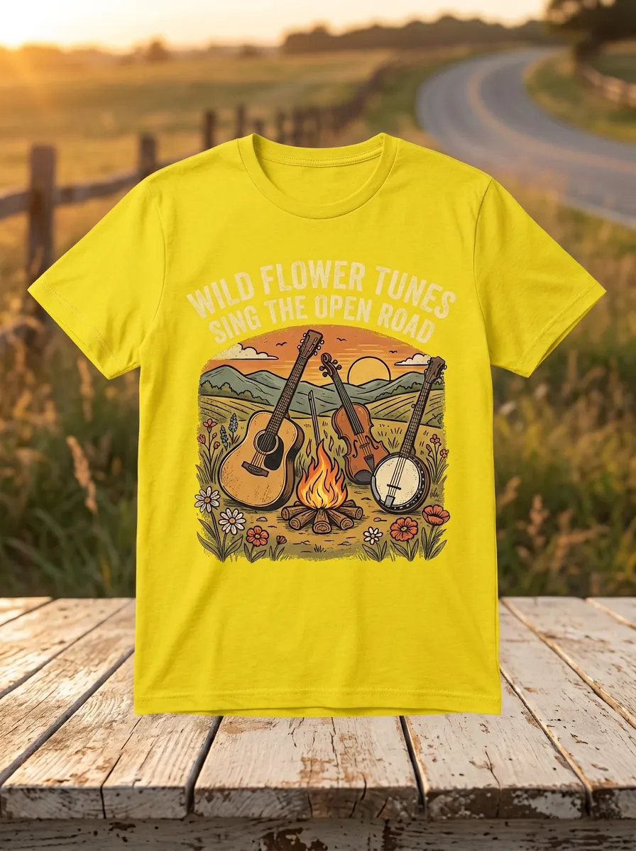 Country Music Guitar Fiddle Banjo Crew Neck T-Shirt