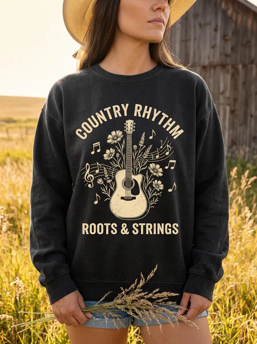 Western-Inspired Detailed Women's Country Music Crewneck Sweatshirt