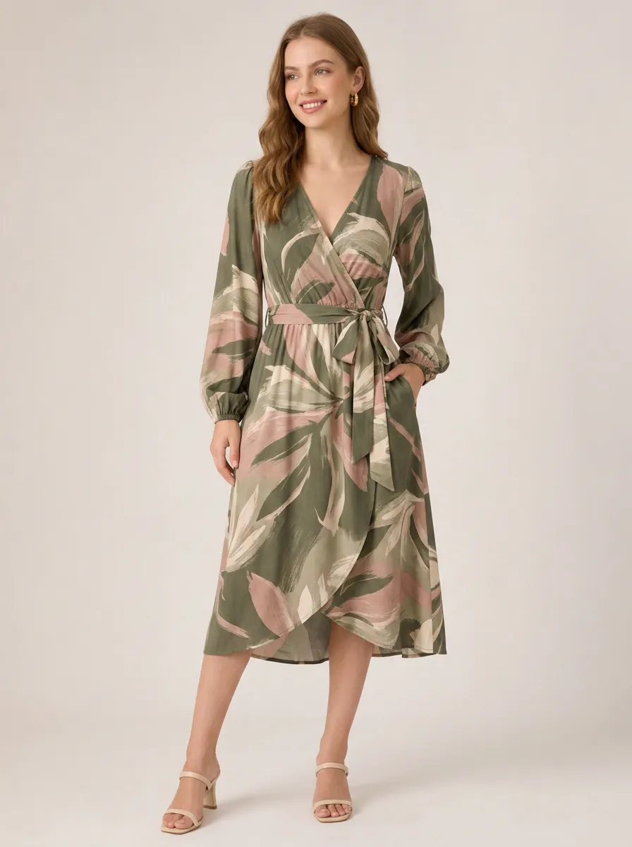 Women's Botanical Abstract Leaf Printed Wrap Midi Dress