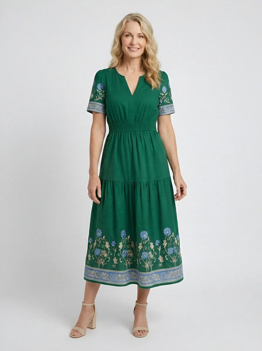 Women's Summer Vacation Blue Floral Embroidered Printed Dress