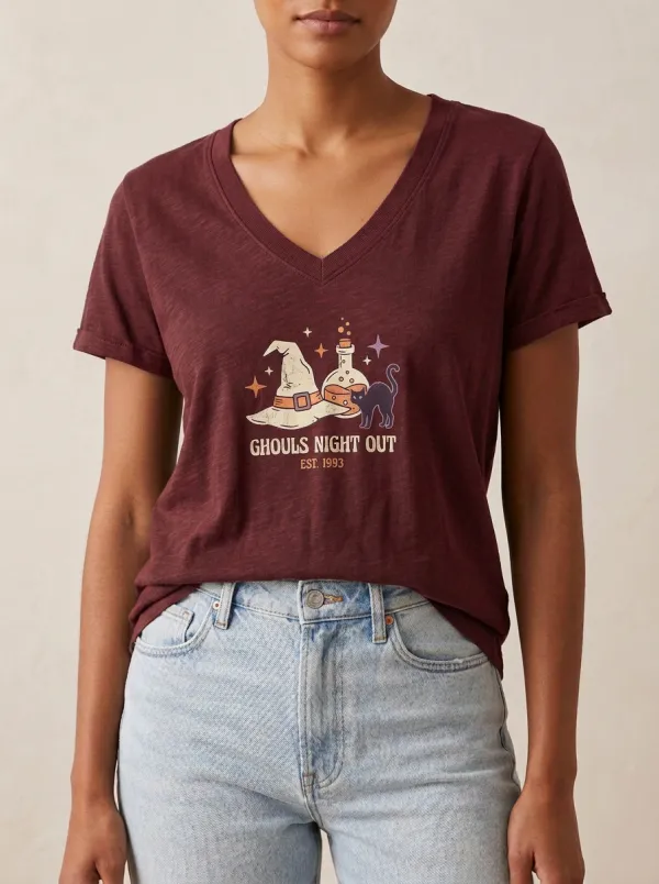 Women's Halloween Witch Hat Cat Potion Printed V-Neck T-Shirt
