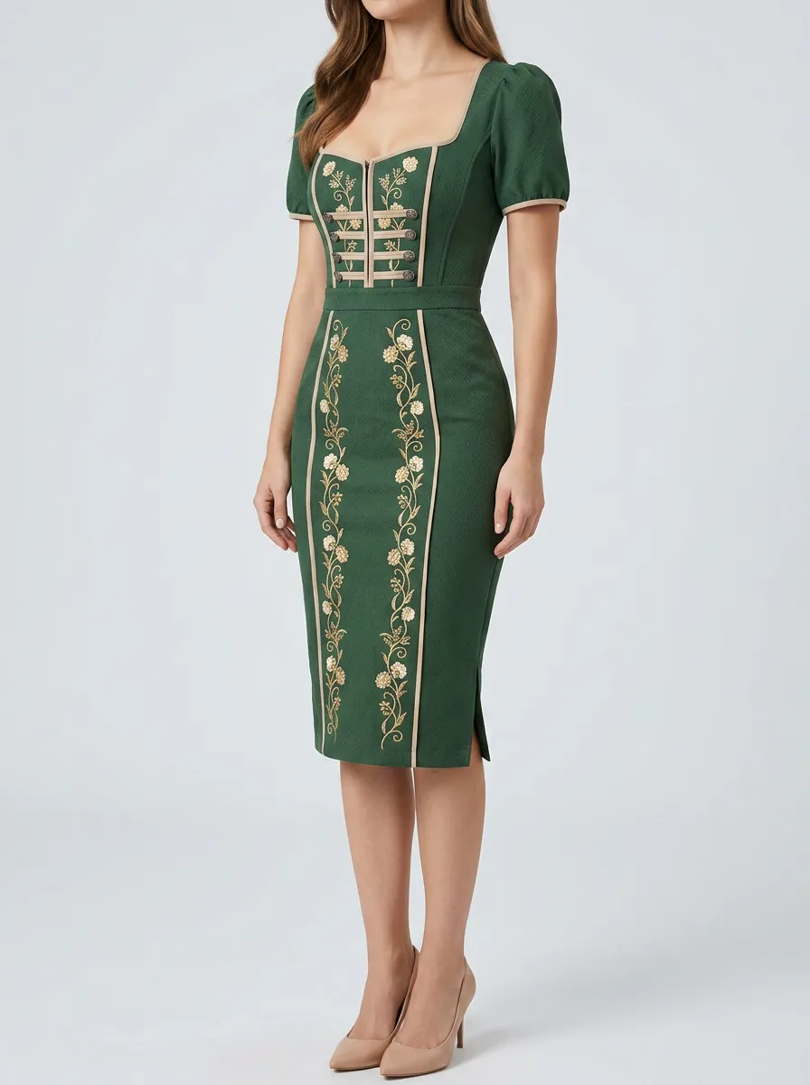 Women's Floral Embroidered Heritage Fitted Dress