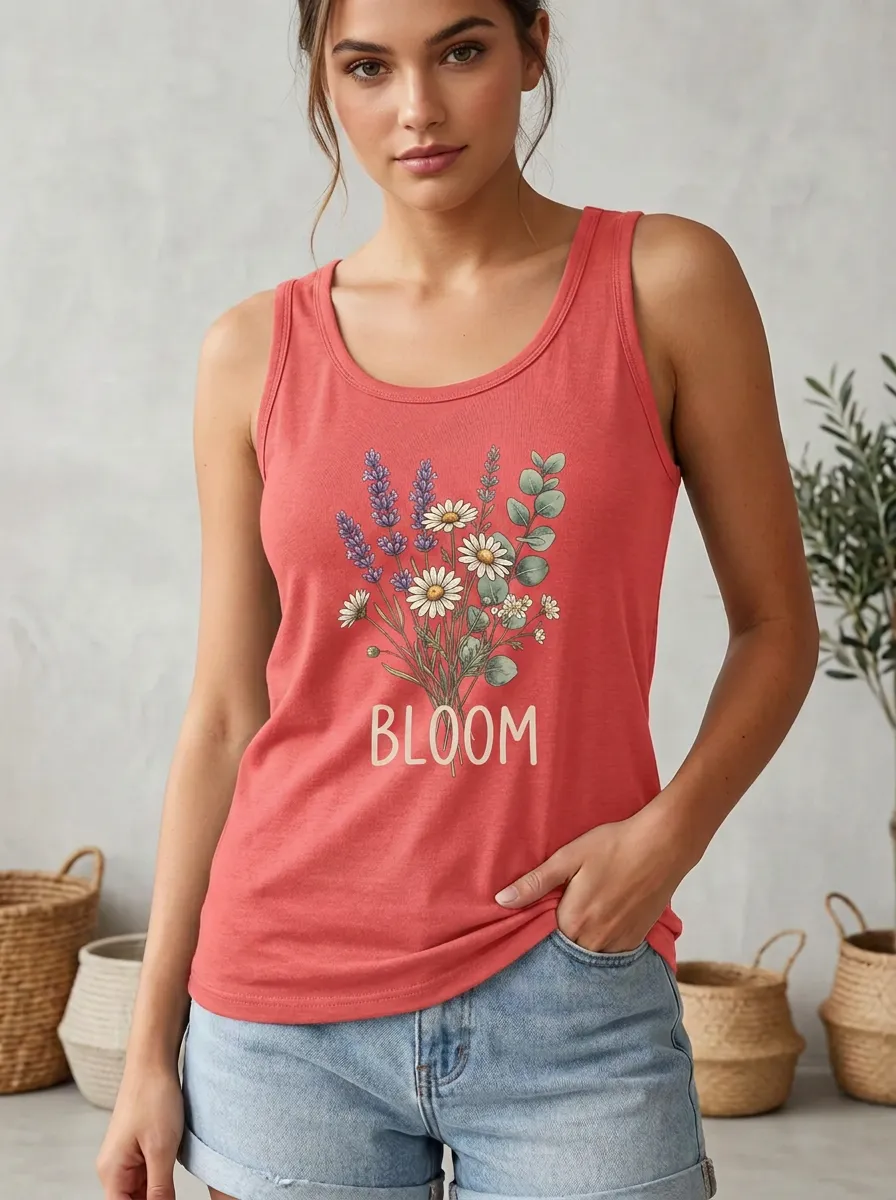 Floral Bloom Lavender Daisy Ribbed Tank Top