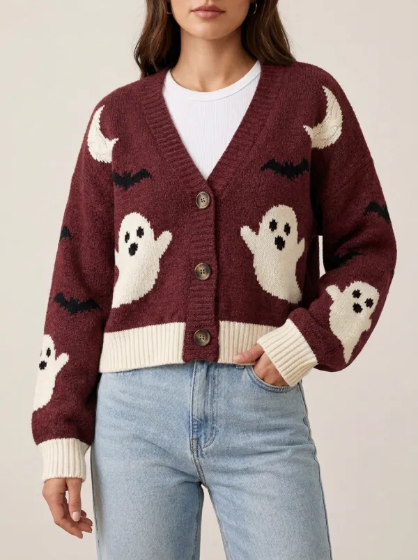 Women's Halloween Ghost Moon Bat Pattern Knitted Cardigan