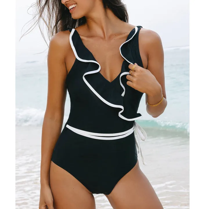 Women's Ruffled V-Neck Wrap Contrast One-Piece Swimsuit