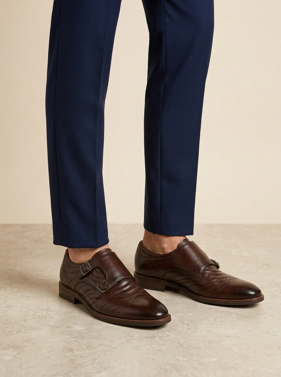 Men's Quilted Leather Double Monk Strap Dress Shoes