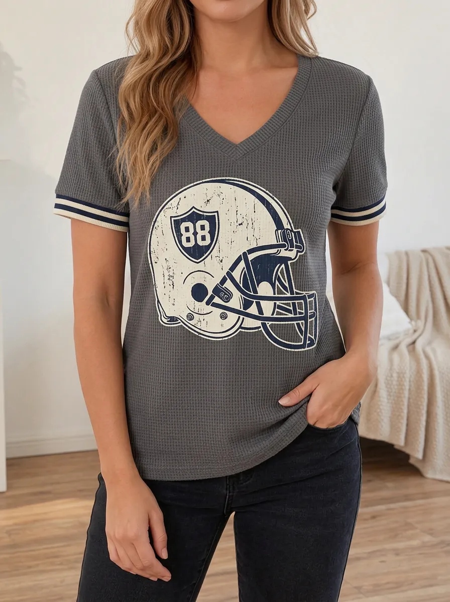 Women's Football Fan Helmet 88 Distressed Printed Waffle Top
