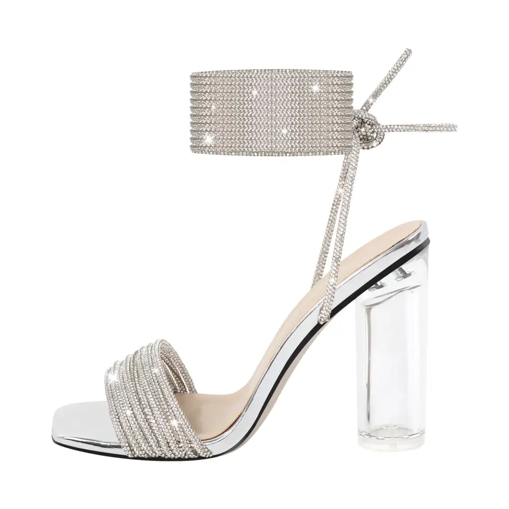 Strap Rhinestone Clear Chunky Heel Lace Up Sandals