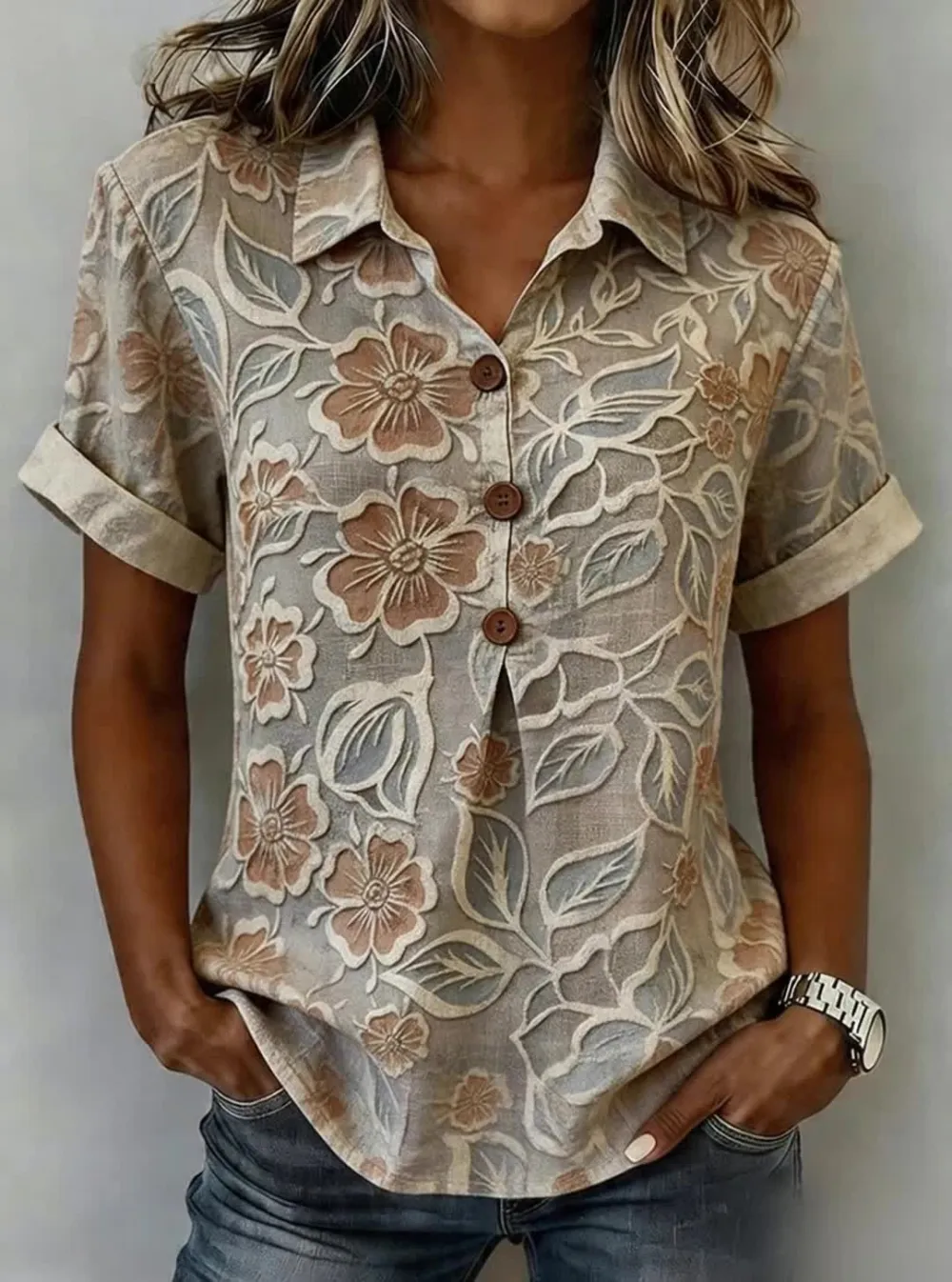 Women's Casual Short-Sleeve Positioning Print Cotton-Linen Top