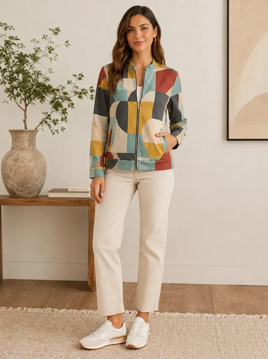 Women's Geometric Abstract Stand Collar Bomber Jacket