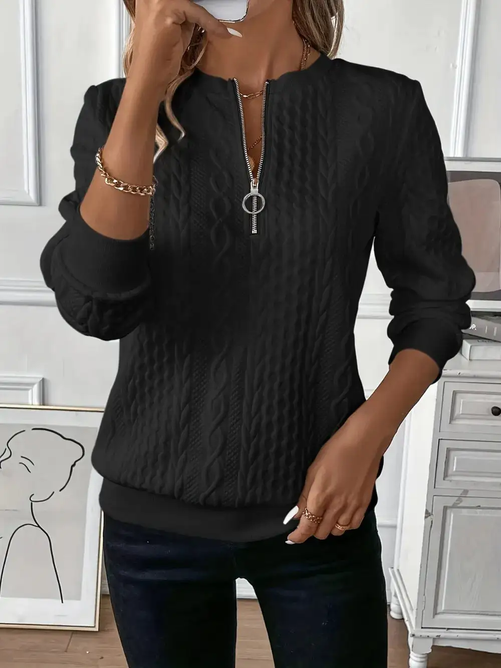 Texture Half Zip Long Sleeve Sweater