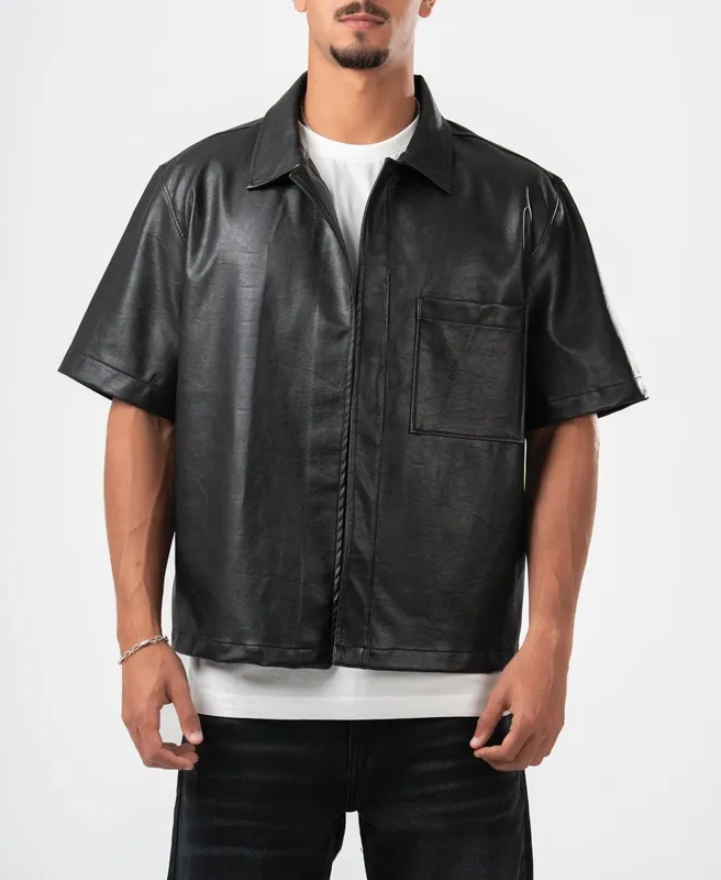 Jet Black Faux Leather Shirt Jacket