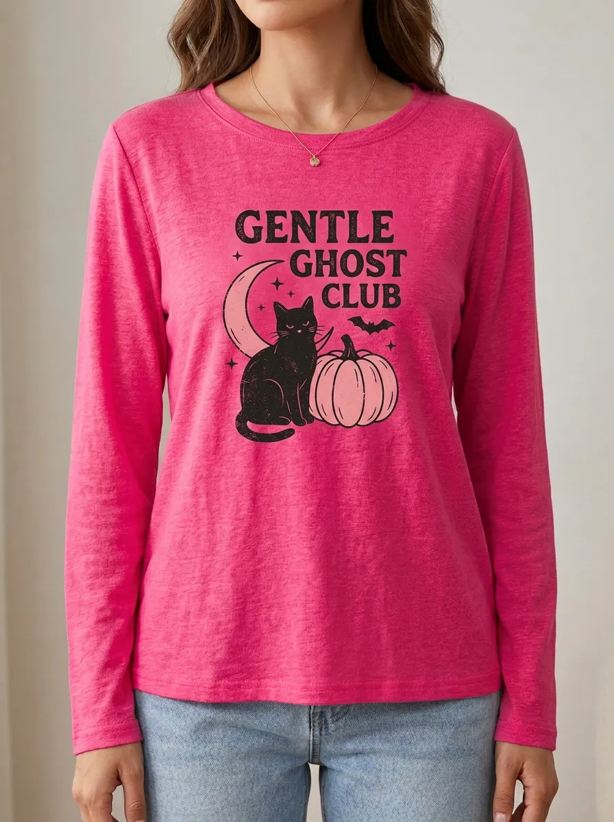 Ghost Pumpkin -Cat Halloween Cotton Linen Long Sleeve Top