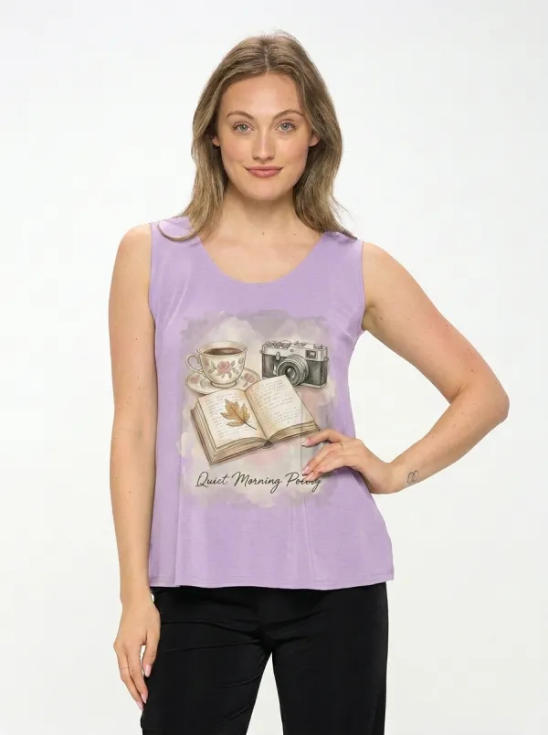 Women's Book Camera Coffee Lover Quiet Morning Poetry Printed Tank Top