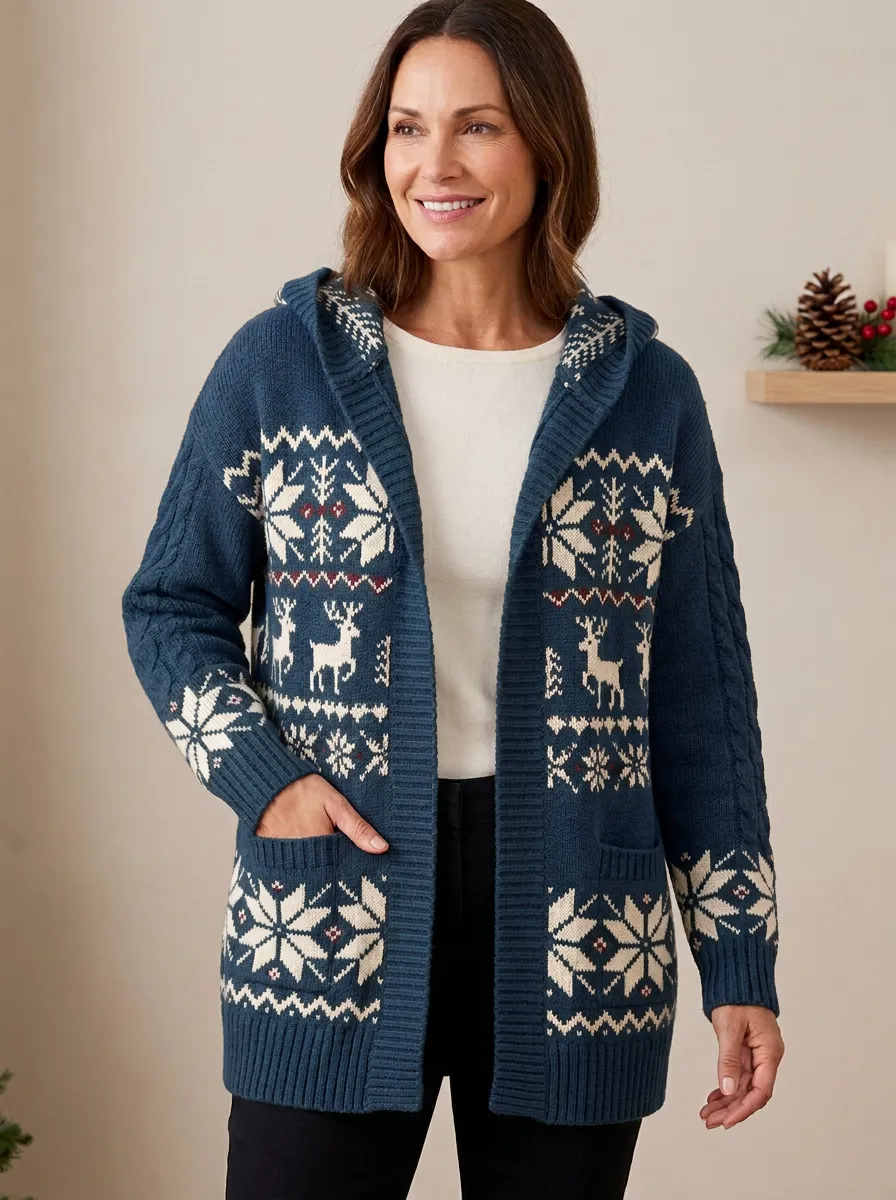 Christmas Reindeer Snowflake Pattern Knit Hooded Cardigan