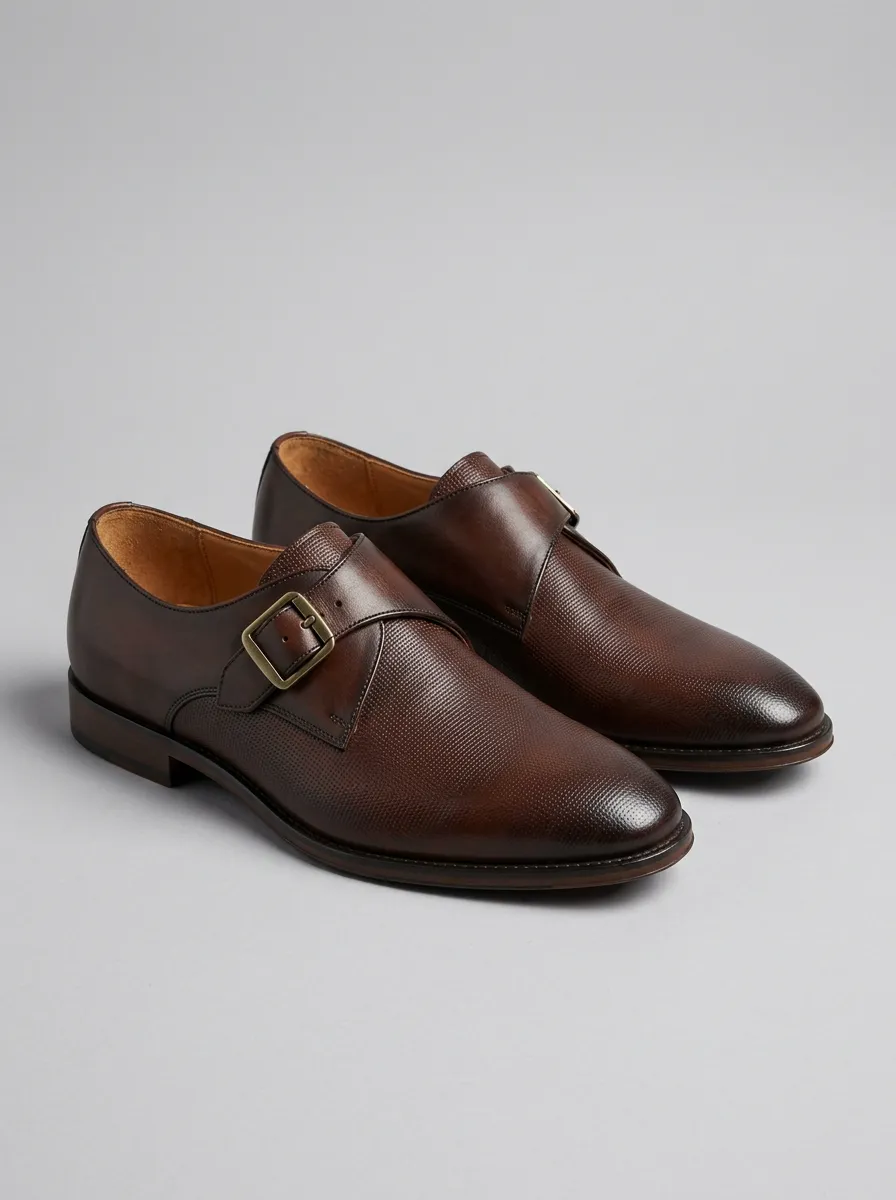 Men's Textured Leather Monk Strap Printed Dress Shoes