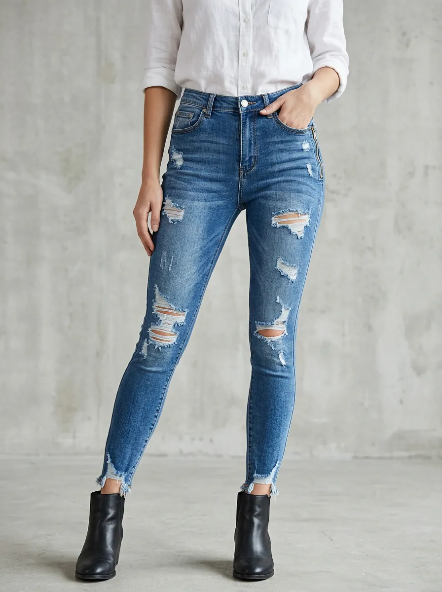 Women's Casual Fashion Distressed Ripped Denim Skinny Jeans