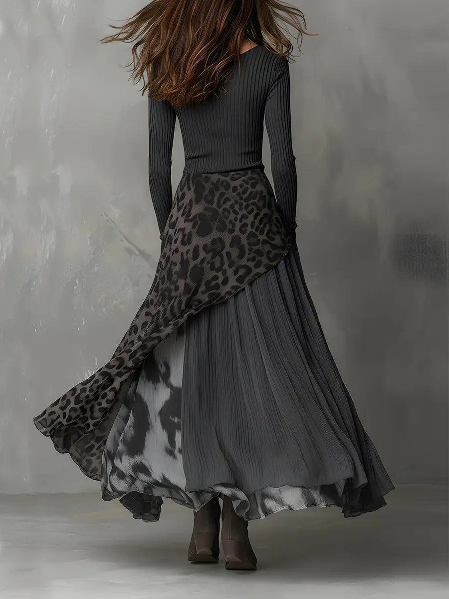 Bohemian Pit Stripe Leopard Print Splicing Irregular Hem Maxi Dress