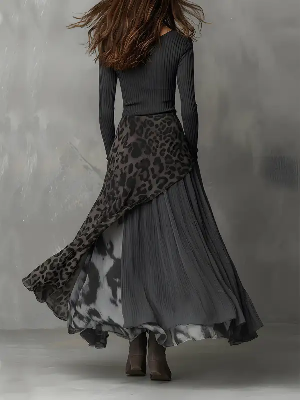 Bohemian Pit Stripe Leopard Print Splicing Irregular Hem Maxi Dress